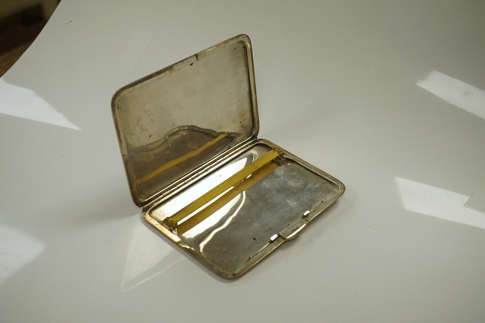 Three Edwardian and later silver note cases, gross 9.5 oz, and a sterling cigarette case with Queens Royal Regiment inscription and niello decoration, 5.5 oz. Good condition.